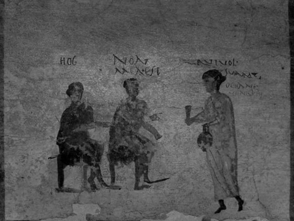 VI.14.35/36 Pompeii. Fresco of a scene of conflict (damaged), from the north wall. 
Now in Naples Archaeological Museum.  Inventory number 111482.
According to Berry, the men fight and the innkeeper tells them to leave. 
Above his head are the words “Go on, get out of here! You have been fighting”!
See Berry, J., 2007. The Complete Pompeii. London, Thames & Hudson, (p.231-2)

According to Epigraphik-Datenbank Clauss/Slaby (See www.manfredclauss.de), these are part of CIL IV 3494;

Noxsi(!)
Ame
Tria
eco(!)
fui

Or(o) te fellator
eco(!) fui 

Itis
Foras
rixsatis(!)      [CIL IV 3494 part]
