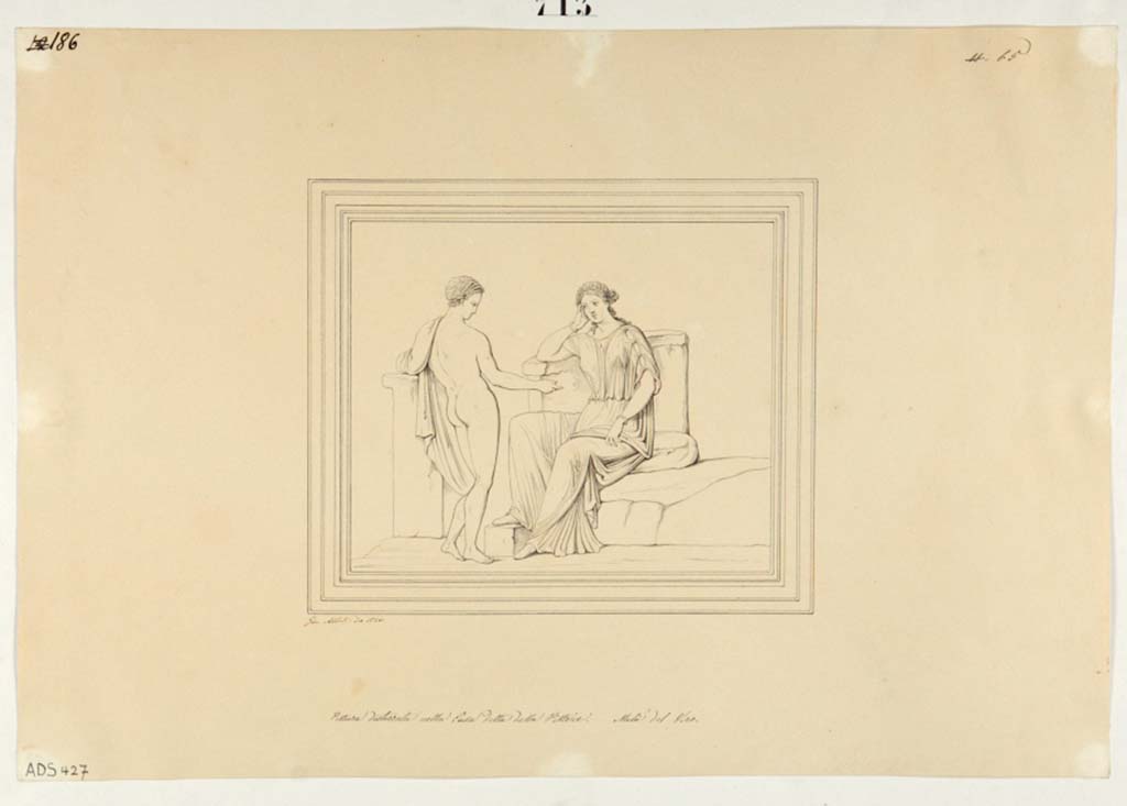 VI.14.42 Pompeii. Drawing by Giuseppe Abbate, 1846, of painting found on east wall in cubiculum on south side of tablinum.
Now in Naples Archaeological Museum. Inventory number ADS 426.
Photo © ICCD. http://www.catalogo.beniculturali.it
Utilizzabili alle condizioni della licenza Attribuzione - Non commerciale - Condividi allo stesso modo 2.5 Italia (CC BY-NC-SA 2.5 IT)

