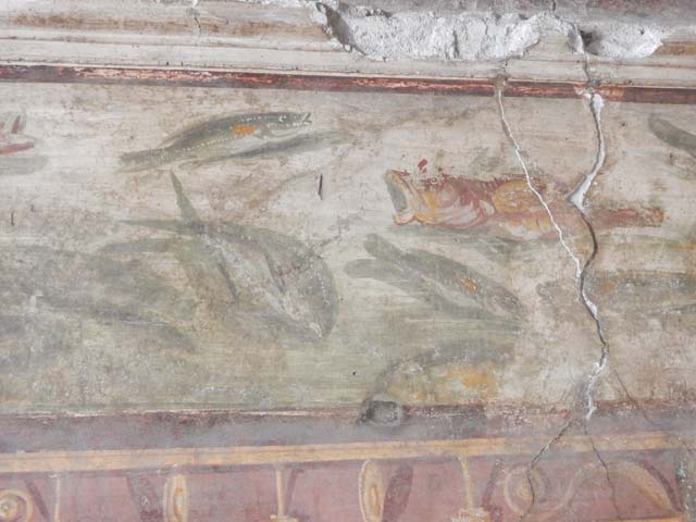 VI.15.1 Pompeii, October 2001. 
North wall of bedroom on south of entrance corridor, with central painting of Ariadne being abandoned by Theseus.
Ariadne is being watched over by a cupid.  
Photo courtesy of Peter Woods.
