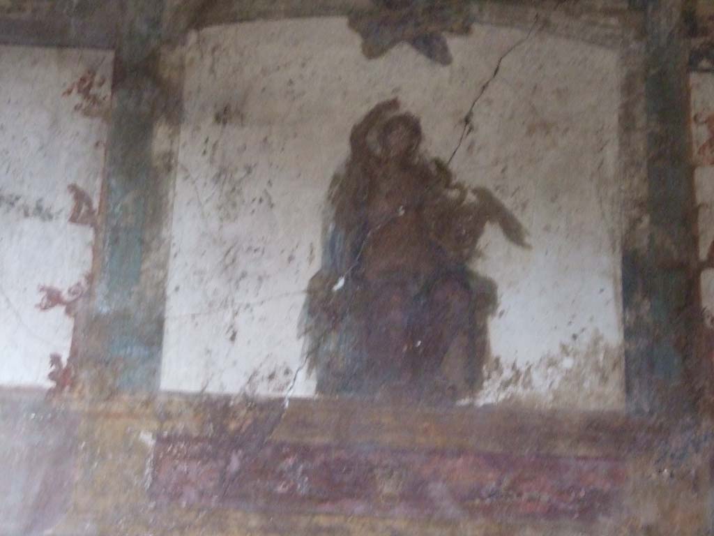 VI.15.1 Pompeii. December 2006. 
Detail of painting of Leda and the swan from upper centre of south wall in oecus on south side of atrium.
