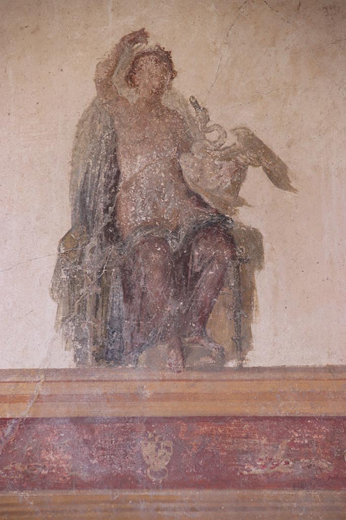 VI.15.1 Pompeii. October 2024. 
Detail of painted figure of Leda and the Swan from centre of upper south wall of oecus. 
Photo courtesy of Klaus Heese.
