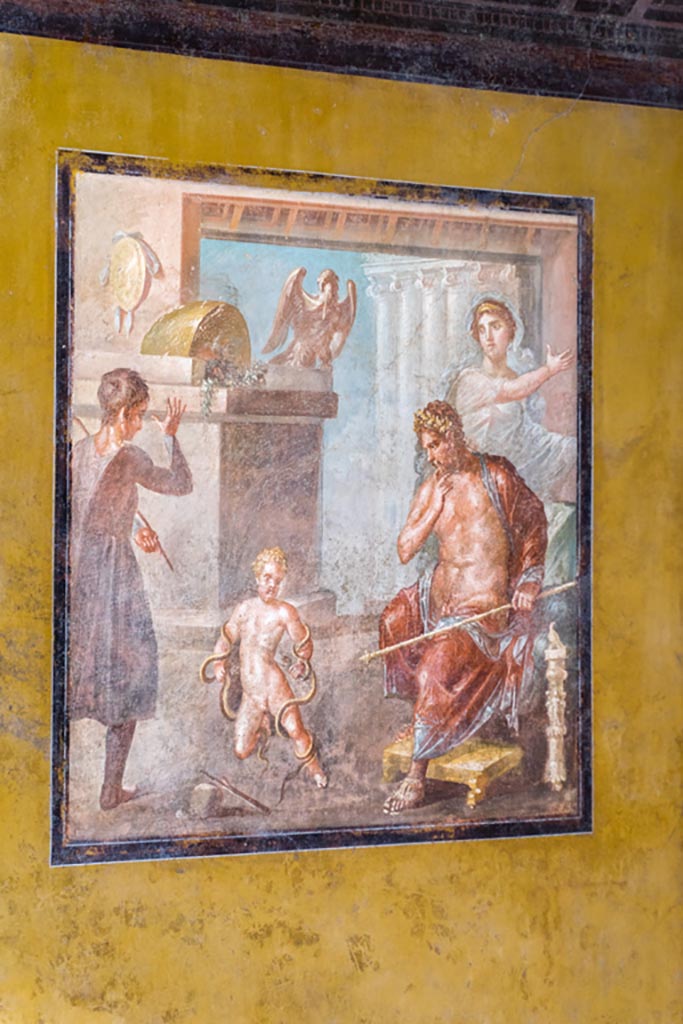 VI.15.1 Pompeii. December 2006. Architectural wall painting on east wall in north-east corner of exedra.