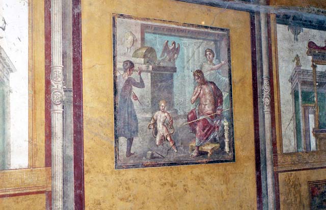 VI.15.1 Pompeii. December 2006. Painting of head on east wall in north-east corner of exedra.