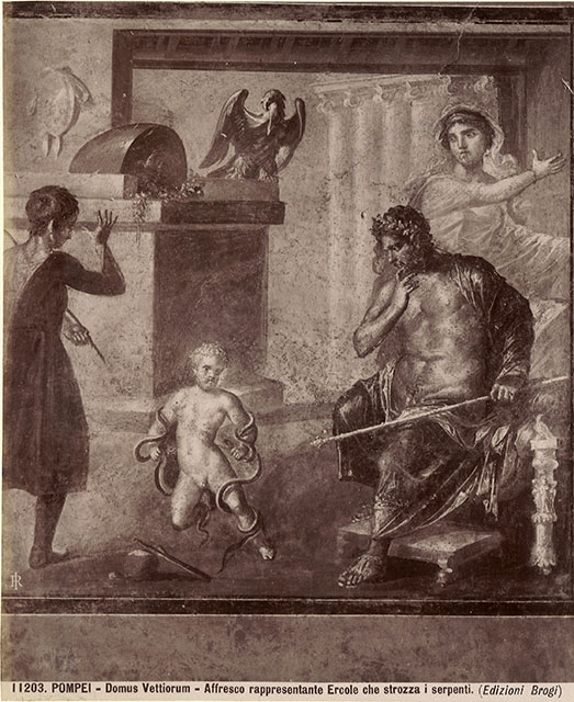 VI.15.1 Pompeii. December 2006. East wall of exedra with painting of the death of Pentheus, who is about to be killed by the Maenads.
