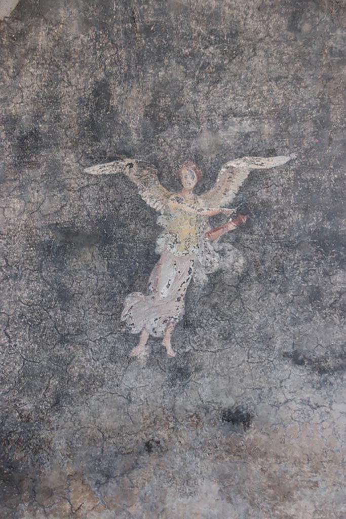 VI.15.1 Pompeii. October 2023. 
Detail of painted “flying” figure panel from west wall of peristyle. Photo courtesy of Klaus Heese.
