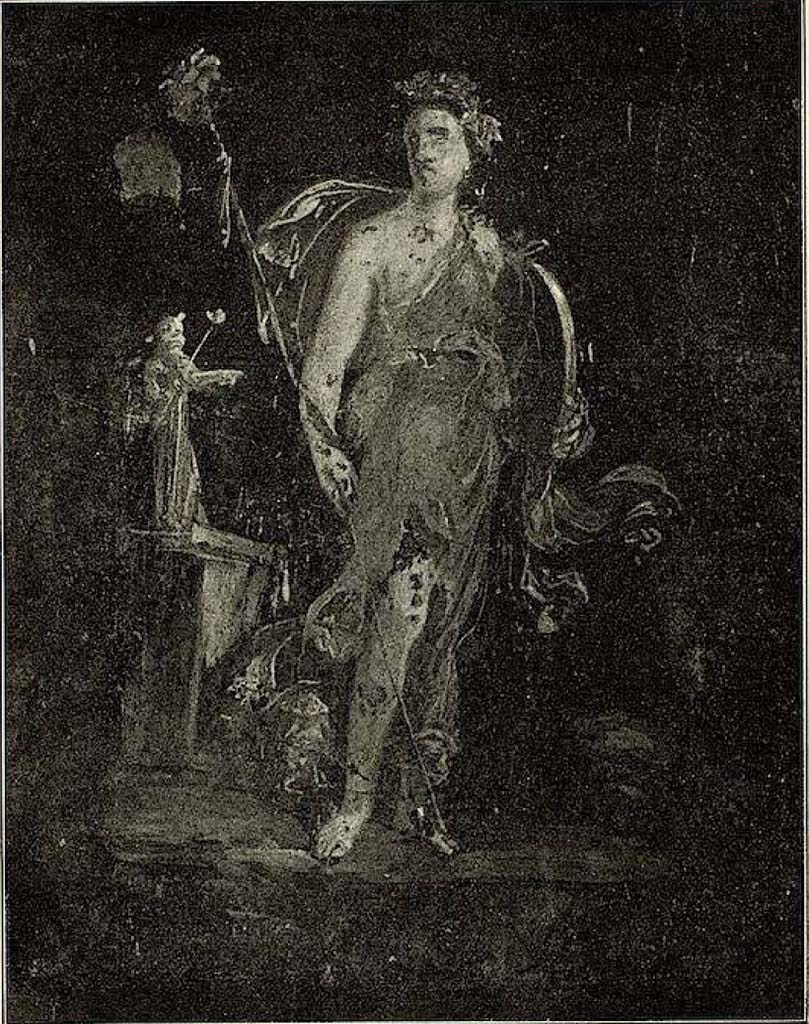 VI.15.1 Pompeii. 1898. Painting of maenad and small statue of Bacchus from west wall of peristyle. 
See Sogliano A. La Casa dei Vettii in Monumenti Antichi VIII. Milan: Hoepli, p. 273 fig. 15, p. 278 item 9.

