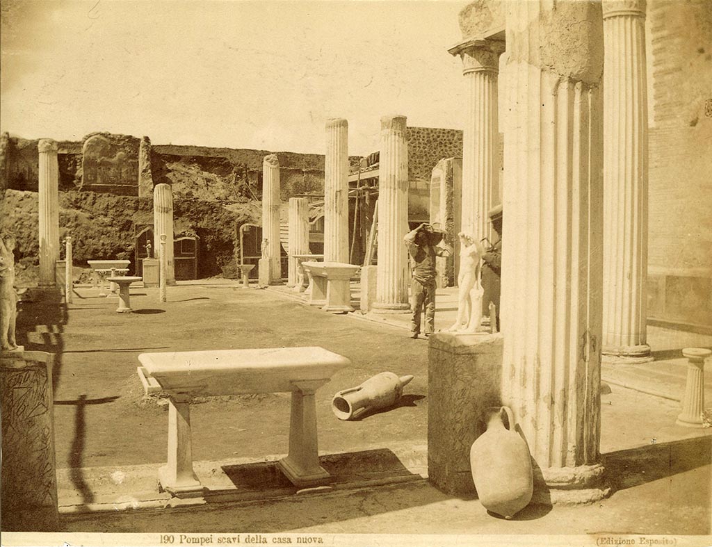 VI.15.1 Pompeii. Esposito no. 190, “Pompei scavi della casa nuova” showing excavation of house, 1890s. Looking north across peristyle. 
Photo courtesy of Rick Bauer.
