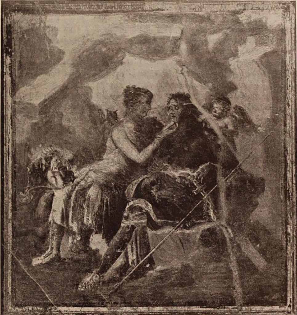 VI.15.6 Pompeii. Room 15, triclinium. Wall painting of Venus and Adonis, with cupids. 
See Notizie degli Scavi di Antichità, 1897, (p.32 and fig.4)

