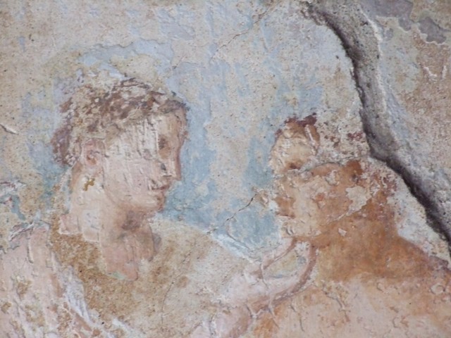 VI.15.6 Pompeii. March 2009. Room 15. Triclinium.  North wall. Detail of Venus and Adonis in wall painting.