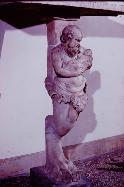 VI.15.8 Pompeii, 1978. Marble table top, with foot in the shape of a lion’s paw, found in the garden area. At the top of the leg were acanthus leaves from which emerged the bust of Silenus with the baby Bacchus on his left arm. Photo by Stanley A. Jashemski.   
Source: The Wilhelmina and Stanley A. Jashemski archive in the University of Maryland Library, Special Collections (See collection page) and made available under the Creative Commons Attribution-Non Commercial License v.4. See Licence and use details. J78f0577
