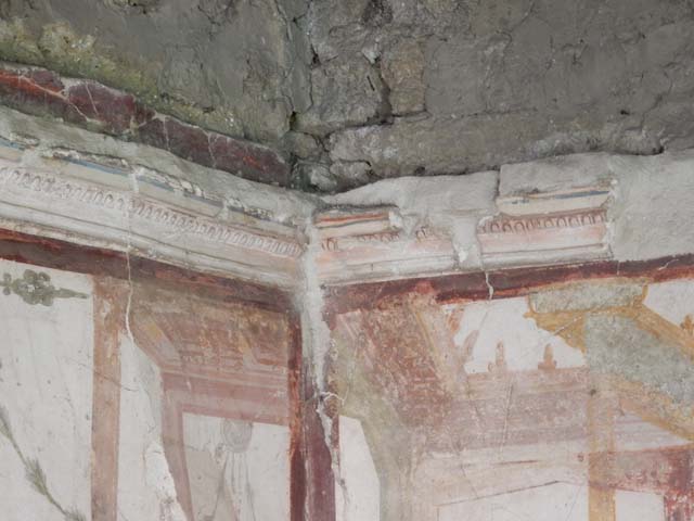 VI.15.8 Pompeii. May 2015. 
Fresco of male figure (Bacchus) from the south wall of the summer triclinium. Photo courtesy of Buzz Ferebee.
Kuivalainen comments –
“A young naked Bacchus with a panther, depicted in exceptionally large size, in the same manner as the Venus on her respective wall. The artist was very talented, and may be the same one (or used the same pattern) as in the House of Iulius Polybius, showing elaborate curls……………………”
See Kuivalainen, I., 2021. The Portrayal of Pompeian Bacchus. Commentationes Humanarum Litterarum 140. Helsinki: Finnish Society of Sciences and Letters, (p.111-12, C9).
