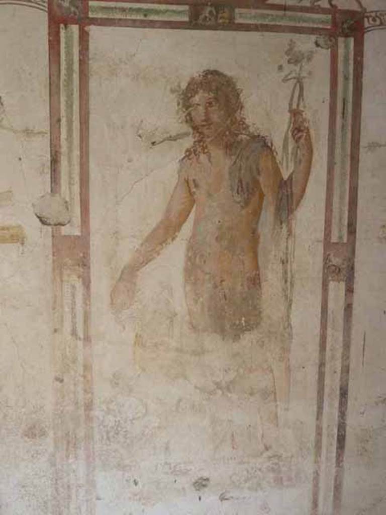 VI.15.8 Pompeii. April 2012. Fresco of female figure (Venus?) on the west wall of the summer triclinium.  Photo courtesy of Marina Fuxa.
