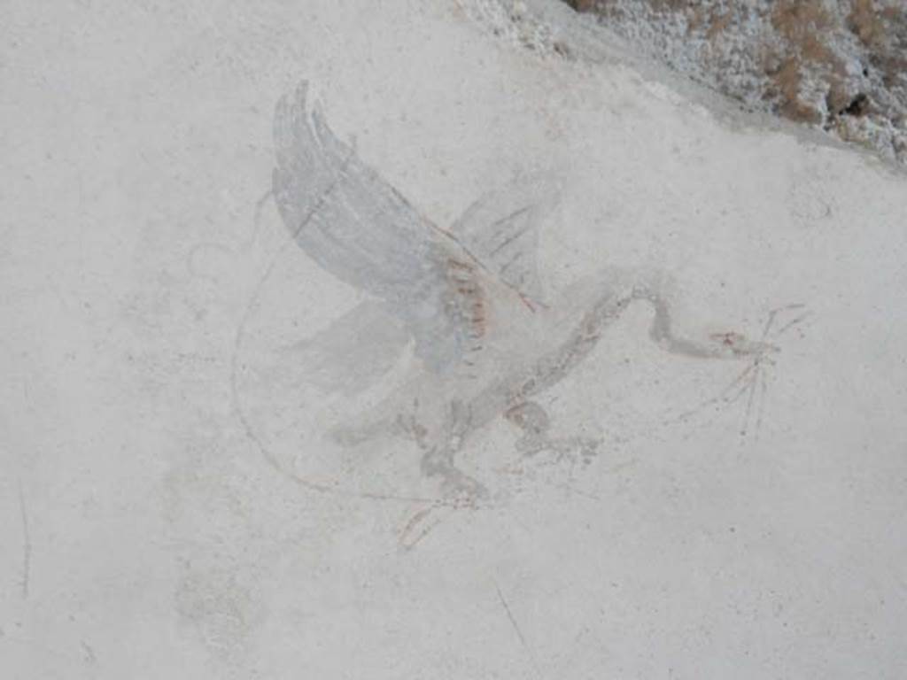 VI.15.8 Pompeii. May 2015. Painted swan in centre of panel at west end of north wall.
Photo courtesy of Buzz Ferebee.

