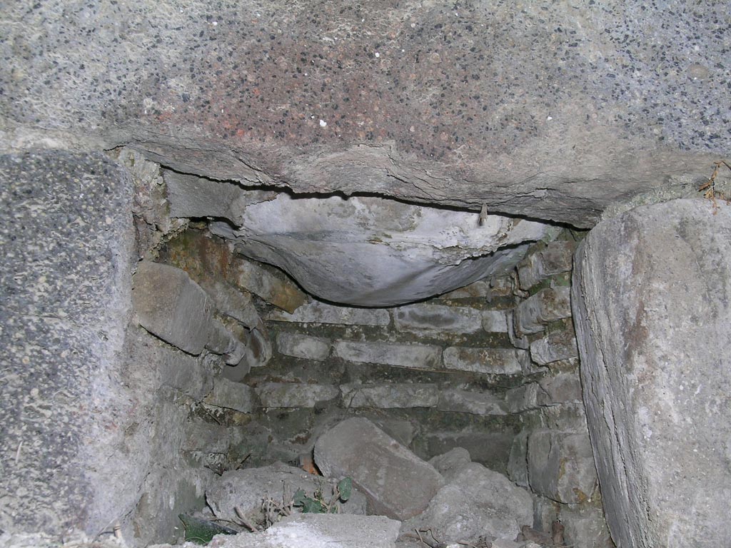VI.16.3 Pompeii. December 2007. North wall with remains of treading stalls. To the right of the basins were three small walls faced again with brick plaster, used for treading the cloth with the feet. See Notizie degli Scavi di Antichità, 1906, p. 348 and fig 2 on p.349.
