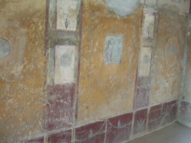 VI.16.7 Pompeii. June 2013. 
Room R, central wall painting of Diana and Actaeon on the south wall, after restoration.
Photo courtesy of Buzz Ferebee.
