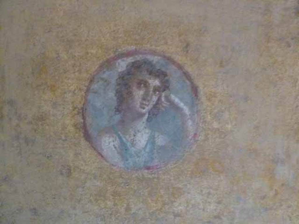 VI.16.7 Pompeii. May 2010. Room R, painted medallion on north end of east wall.