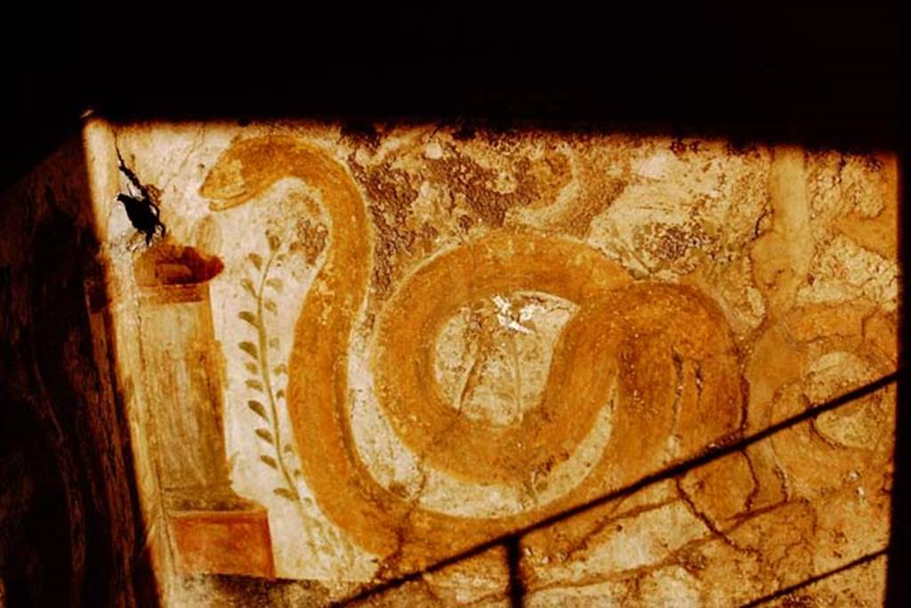 VI.16.7 Pompeii. May 2006. Room F, painting of the attributes of Isis on the east wall of the peristyle.