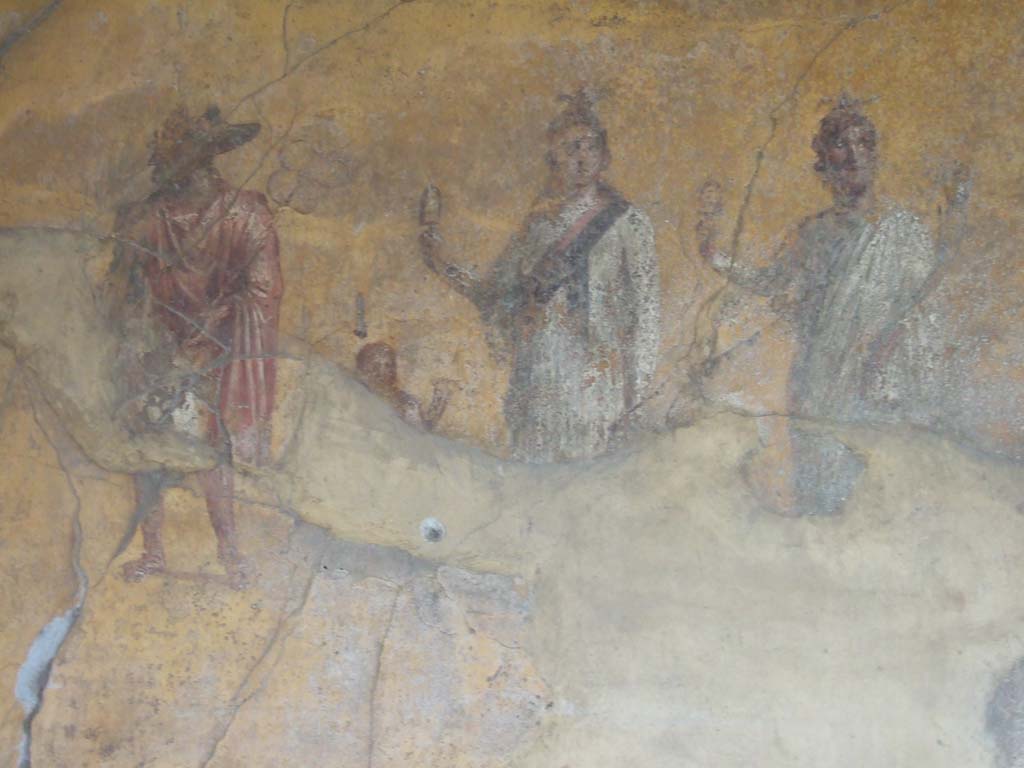 VI.16.7 Pompeii. May 2016. Room F, south wall with painting of Anubis. Photo courtesy of Buzz Ferebee.
