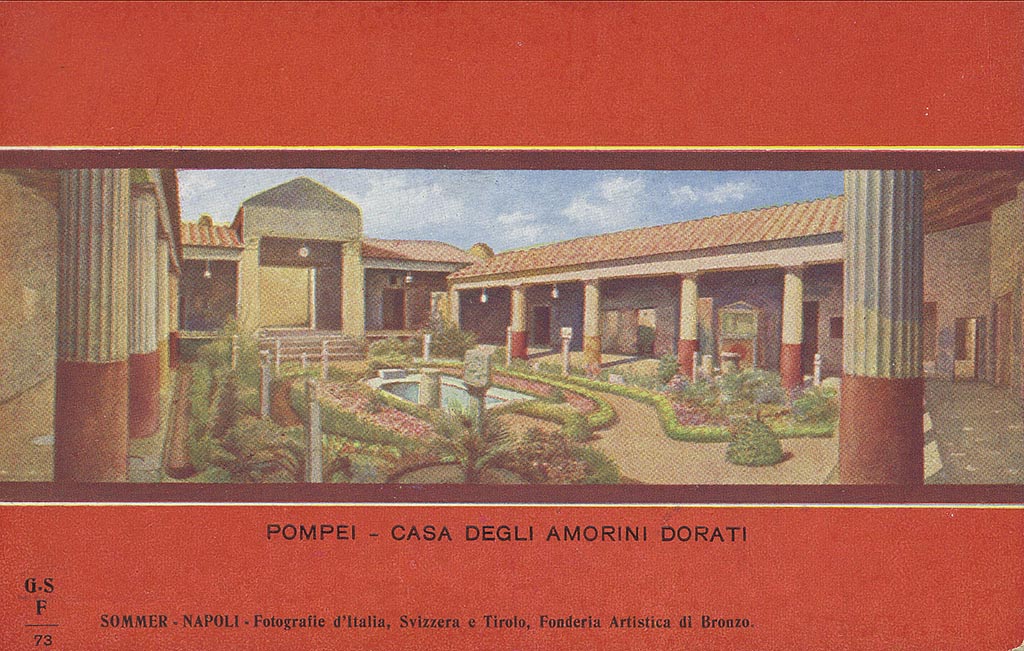 VI.16.7 Pompeii. Early 20th C postcard by G Sommer, no 73. Peristyle garden F, looking north-west. Photo courtesy of Rick Bauer.