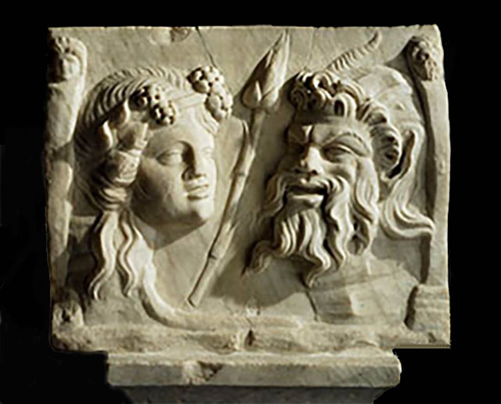 VI.16.7 Pompeii. 1964. Marble relief with masks on a pilaster in peristyle garden room F.
SAP inventory number 20461. Detail from photo by Stanley A. Jashemski.
Source: The Wilhelmina and Stanley A. Jashemski archive in the University of Maryland Library, Special Collections (See collection page) and made available under the Creative Commons Attribution-Non-Commercial License v.4. See Licence and use details.
J64f1871

