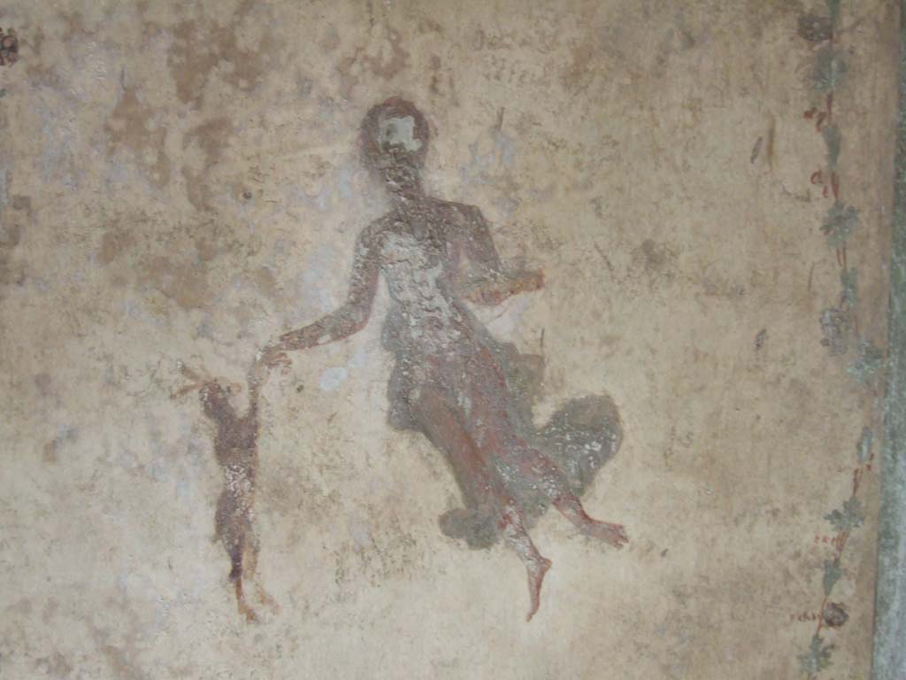 VI.16.7 Pompeii. May 2006. Room Q, painted flying figure on west side of south wall, in south-west corner.