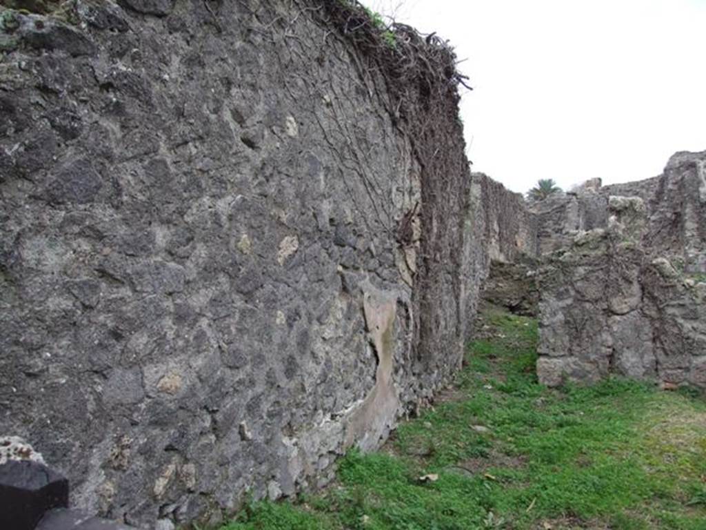 VI.16.11 Pompeii. December 2007. South wall and corridor leading to rear. According to Liselotte Eschebach, on the left, this wall used to have a base for a staircase to the upper floor against it.   See Eschebach, L., 1993. Gebäudeverzeichnis und Stadtplan der antiken Stadt Pompeji. Köln: Böhlau. (p.227). According to NdS, beside the south wall at the entrance doorway to the shop was an independent staircase accessed from a step and with a lava threshold from the street. This led to the above rooms. See Notizie degli Scavi di Antichità, 1908, p. 58.