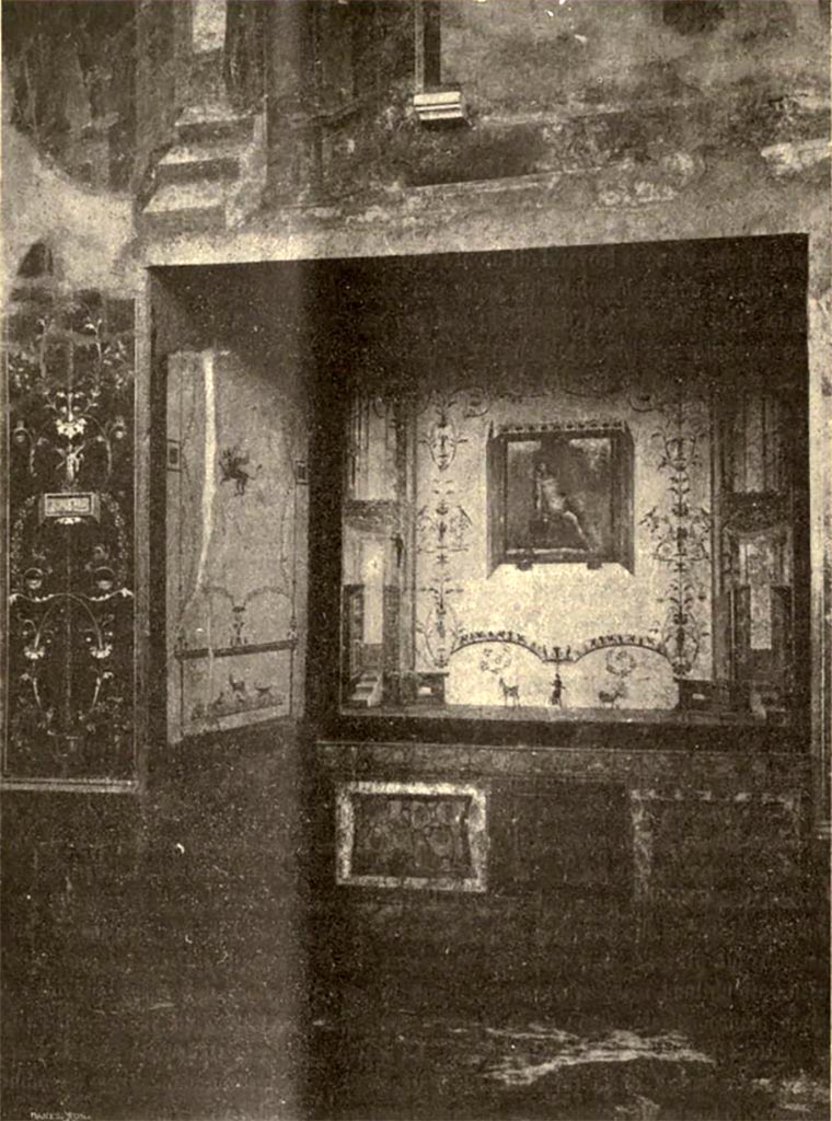 VI.16.15 Pompeii. 1908. Tablinum D, with wall painting of Narcissus.
See Notizie degli Scavi di Antichità, 1908, p. 66, fig. 2.
