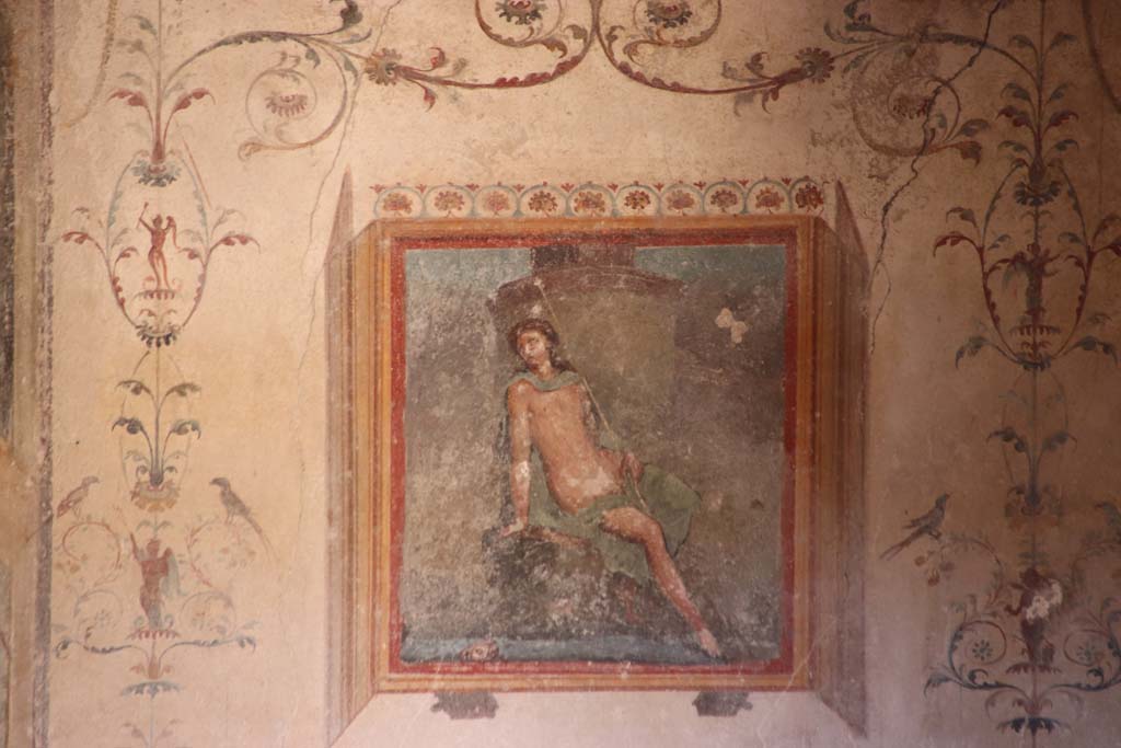 VI.16.15 Pompeii. September 2021. Tablinum D, central wall painting of Narcissus. Photo courtesy of Klaus Heese.