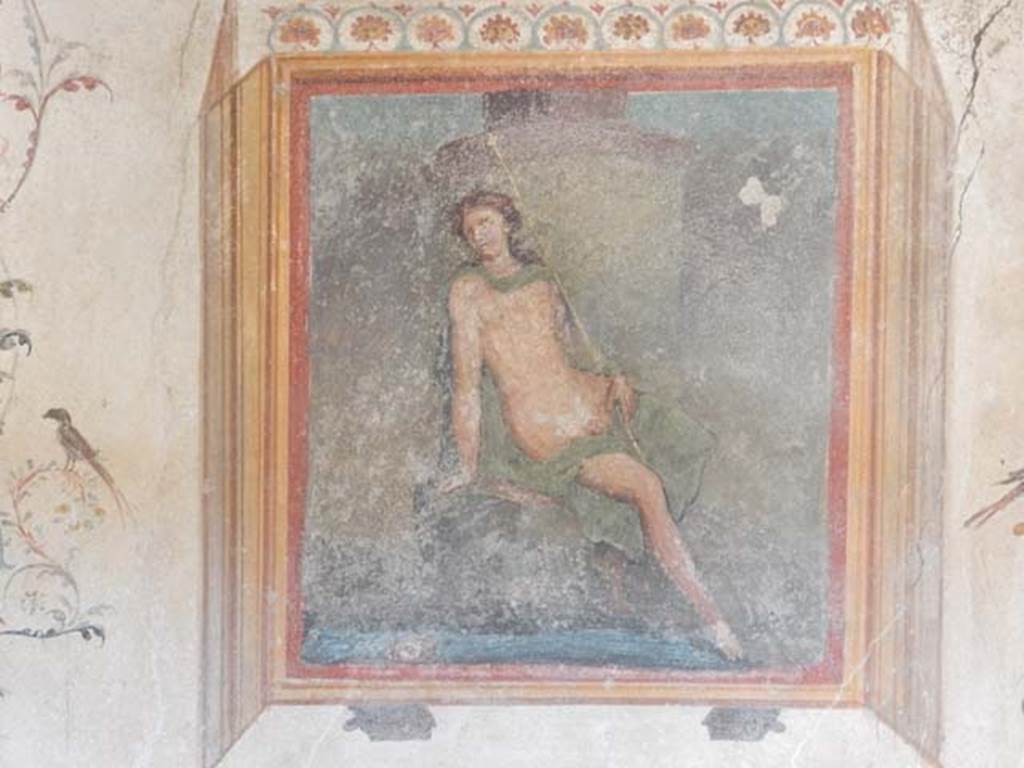 VI.16.15 Pompeii. May 2015. Wall painting of Narcissus, from centre of west wall of tablinum D. Photo courtesy of Buzz Ferebee.
