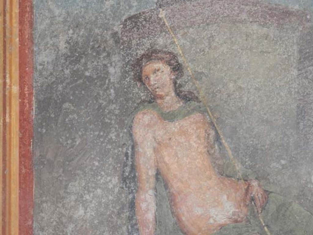 VI.16.15 Pompeii. May 2015. Wall painting of Narcissus, from centre of west wall of tablinum D. Photo courtesy of Buzz Ferebee.
