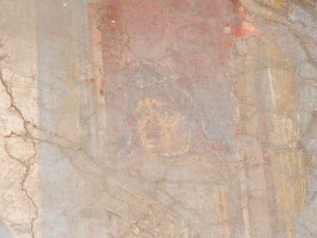 VI.16.15 Pompeii. May 2015. Detail of wall painting of woman with patera, making an offering. From south end of upper west wall of atrium B.  Photo courtesy of Buzz Ferebee.
