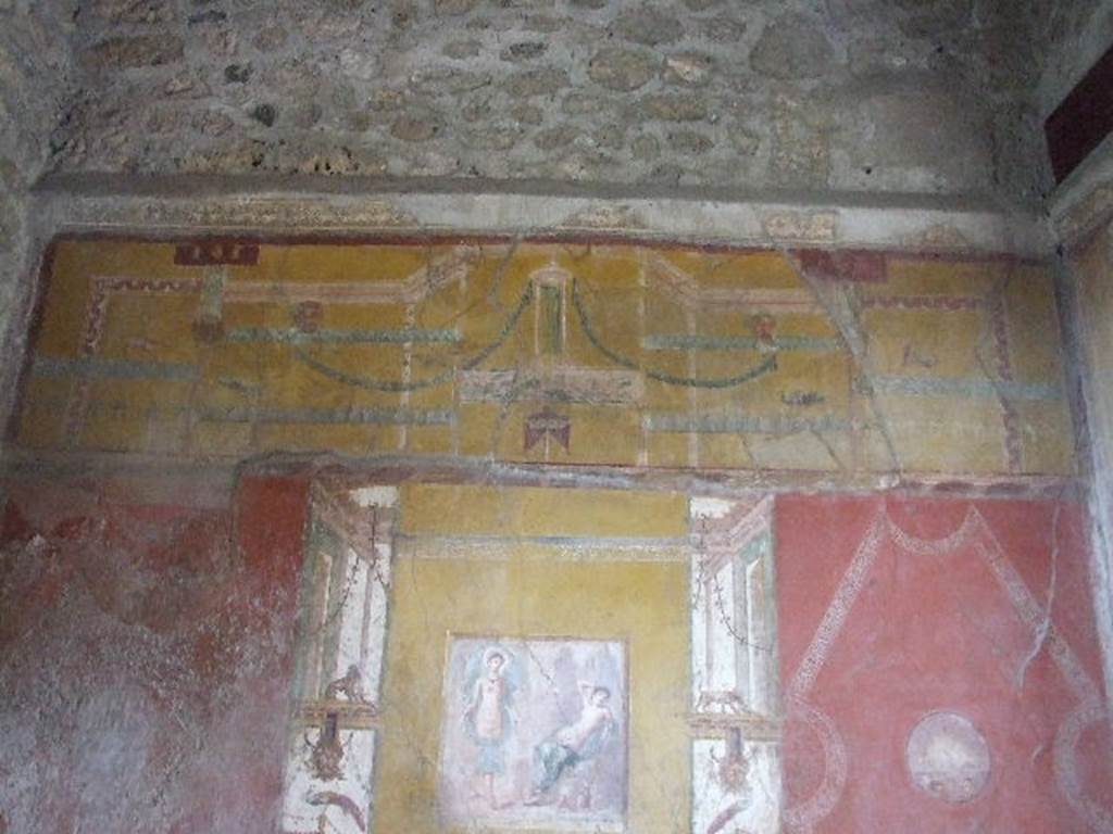VI.16.15 Pompeii. May 2015. Room F, looking towards rebuilt south wall, which had been entirely destroyed in the eruption. Photo courtesy of Buzz Ferebee.
