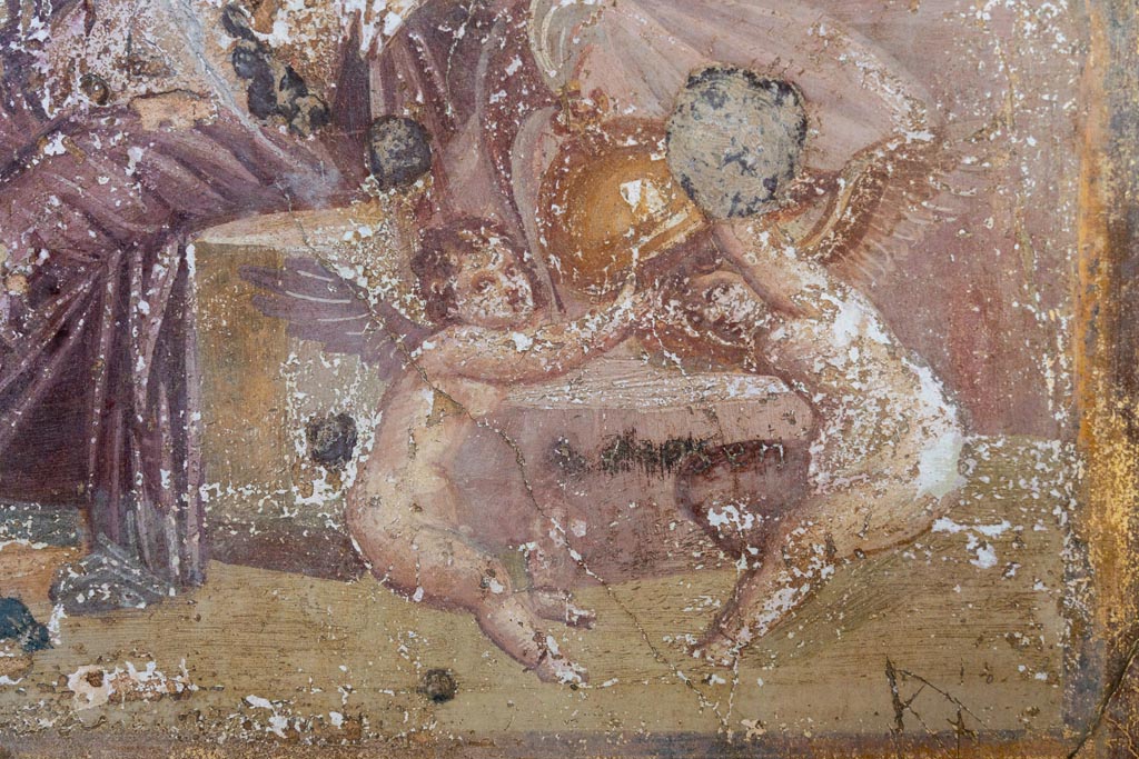 VI.16.15 Pompeii. December 2006. North wall of room G. 
Wall painting of Ares and Aphrodite (Mars and Venus) in a group with cupids playing with the weapons of the god.
See Notizie degli Scavi di Antichità, 1908, p. 76, fig. 6.
