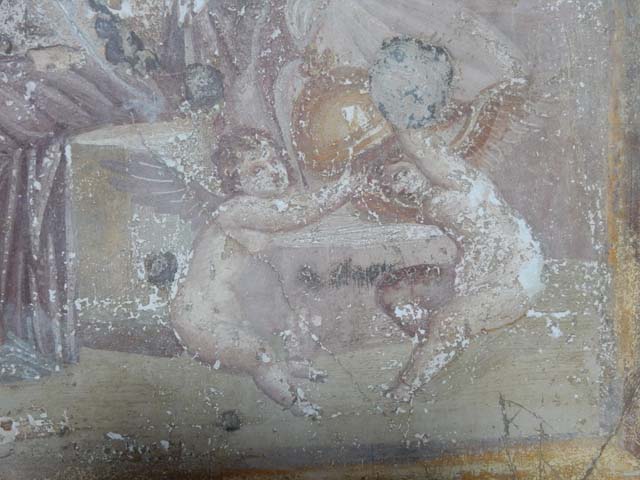 VI.16.15 Pompeii. 1908. North wall of room G. 
Wall painting of Ares and Aphrodite (Mars and Venus) in a group with cupids playing with the weapons of the god.
See Notizie degli Scavi di Antichità, 1908, p. 76, fig. 6.
