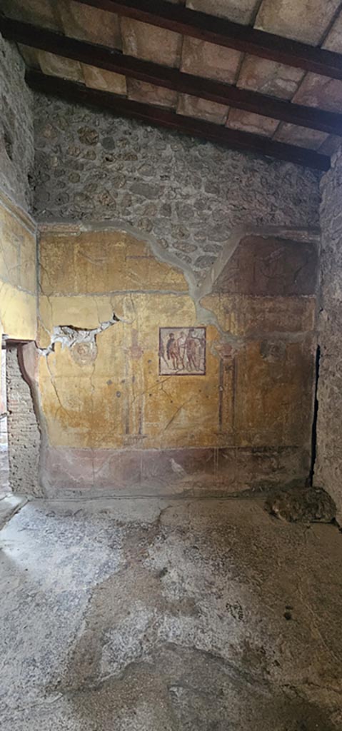 VI.16.15 Pompeii. 2015/2016.
East wall of room G with central wall painting from a myth of Hercules. Photo courtesy of Giuseppe Ciaramella.
