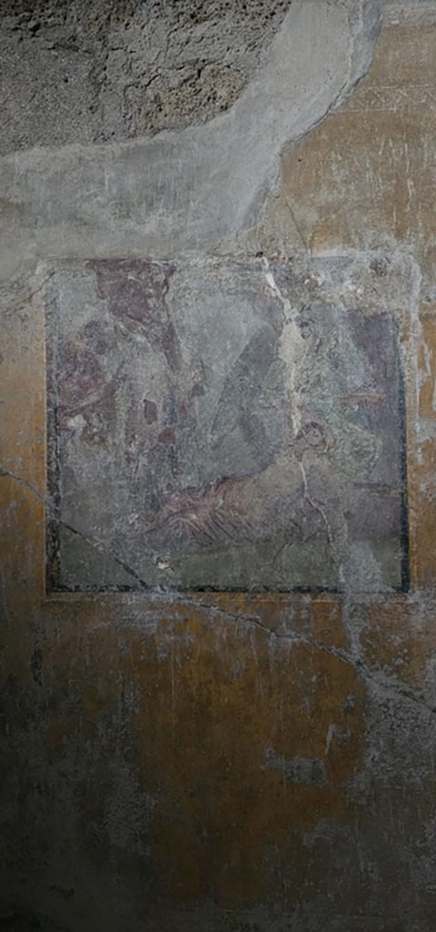VI.16.15 Pompeii. December 2006.  West wall of room G with wall painting of the arrival of Dionysus on Naxos where Ariadne is sleeping.