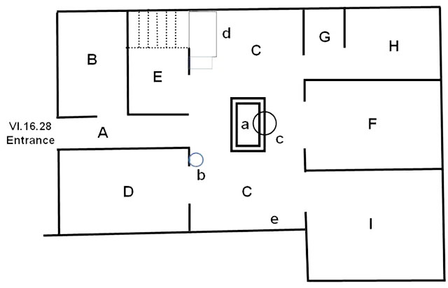 VI.16.28 Pompeii. House of Coponii or Casa della Caccia di Tori
Room Plan