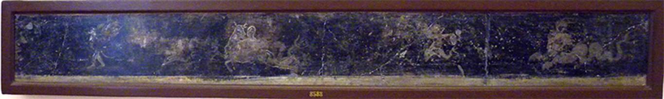 Irace property Pompeii. Architectural landscape.
Now in Naples Archaeological Museum. Inventory number 9438.
According to Pagano & Prisciandaro, found 12/7/1760, with another 3 paintings all with blue backgrounds, (9151, 9465, 9436)
(probably from under the Irace property, as were listed with the others from there).
See Pagano, M. and Prisciandaro, R., 2006. Studio sulle provenienze degli oggetti rinvenuti negli scavi borbonici del regno di Napoli.  Naples: Nicola Longobardi. (p. 34-5)
According to Spinazzola these were from IX.12.4 and found around 1912.
See Spinazzola V., 1953. Pompei alla luce degli Scavi Nuovi di Via dell’Abbondanza (anni 1910-1923). Roma: La Libreria della Stato, Vol.2, p.719, fig.690.
