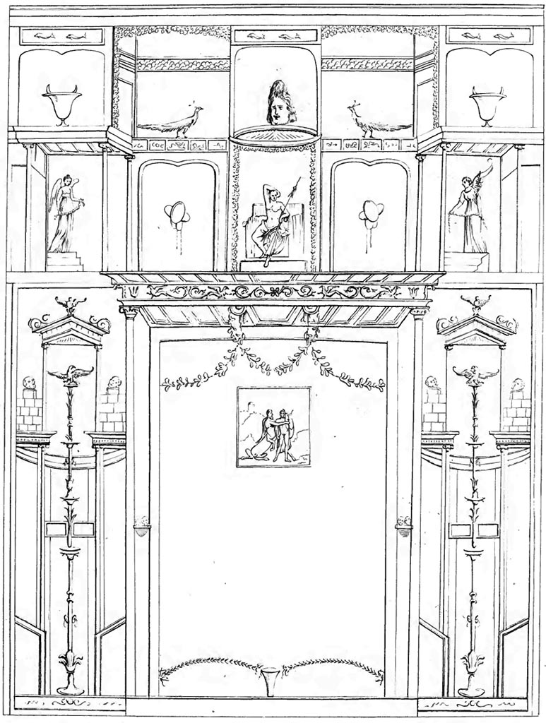 1843 drawing of a wall with a central painting of Chiron playing his lyre to Achilles.
See Raccolta de più interessante Dipinture e di più belle Musaici rinvenuti negli Scavi di Ercolano, di Pompei, e di Stabia. 1843. Napoli.