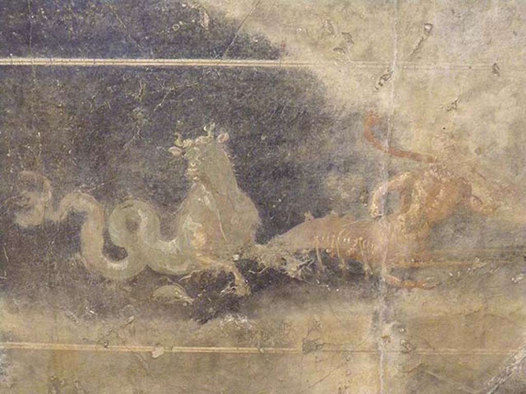 VI.17.25 Pompeii?  Detail from centre of zoccolo painting found on 3rd November 1764. 
Sea bull and centaur with the body of a lobster. 
The lobster appears to be holding a weapon and fighting but the remaining part of the painting is lost.
