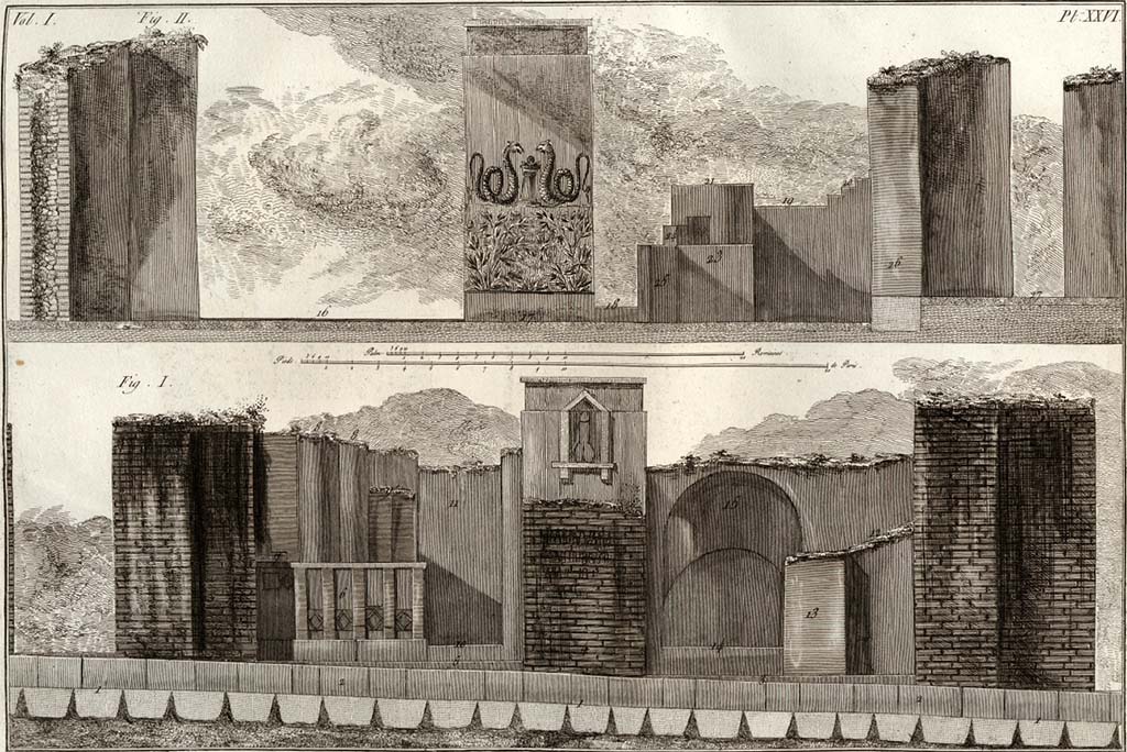 VI.17.4 left and VI.17.3 right, Pompeii, lower Fig. I, looking west from Via Consolare. Pre-1804. 
Drawing by Piranesi, described as –
“Different sides and elevations to show the interior and exterior of the Bar with Phallus.”
The upper, Fig. II, is how he drew the interior, looking west towards Via Consolare.
See Piranesi, F, 1804. Antiquités de la Grande Grèce : Tome I. Paris : Piranesi and Le Blanc. Vol. I, pl. XXVI.
