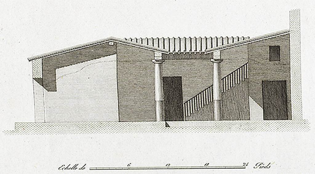VI.17.5 Pompeii. 1824 cross-section of house drawn by Mazois, looking south.
According to Mazois, this is the cross-section of this house shown along the length of the corridor. 
The columns of the courtyard are painted red to one-third of their height, the rest is white. 
All that which is above the punctuated line, no longer exists, I was obliged to assume the idea of what this small building would be this like; but the clues that the ruins offer me, and the comments I made on the construction of the houses of Pompeii, allow me to make this restoration as real as possible.
See Mazois, F., 1824. Les Ruines de Pompei: Second Partie. Paris: Firmin Didot. (p.45, Pl IX. fig. IV).
