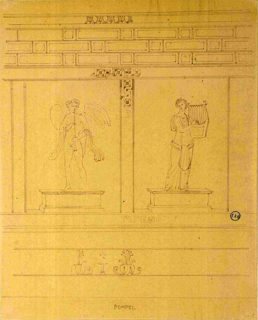 VI.17.15-18 Pompeii. 
Sketch of wall with two figures in underground area, the male playing a horn and the female playing the harp.
See Lesueur, Jean-Baptiste Ciceron. Voyage en Italie de Jean-Baptiste Ciceron Lesueur (1794-1883), pl. 21.
See Book on INHA reference INHA NUM PC 15469 (04)  « Licence Ouverte / Open Licence » Etalab

