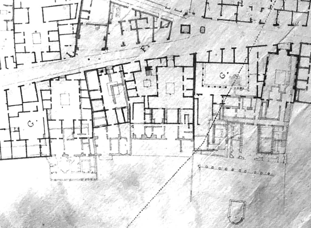 VI.17.9, on left with letter G, then 10, then 13, linked house at 16-17 in centre, and 23-25, on right.
Part of a plan by Francesco La Vega, c.1800-1810. Now in Naples Museum.
DAIR 76.1262. Photo © Deutsches Archäologisches Institut, Abteilung Rom, Arkiv.
