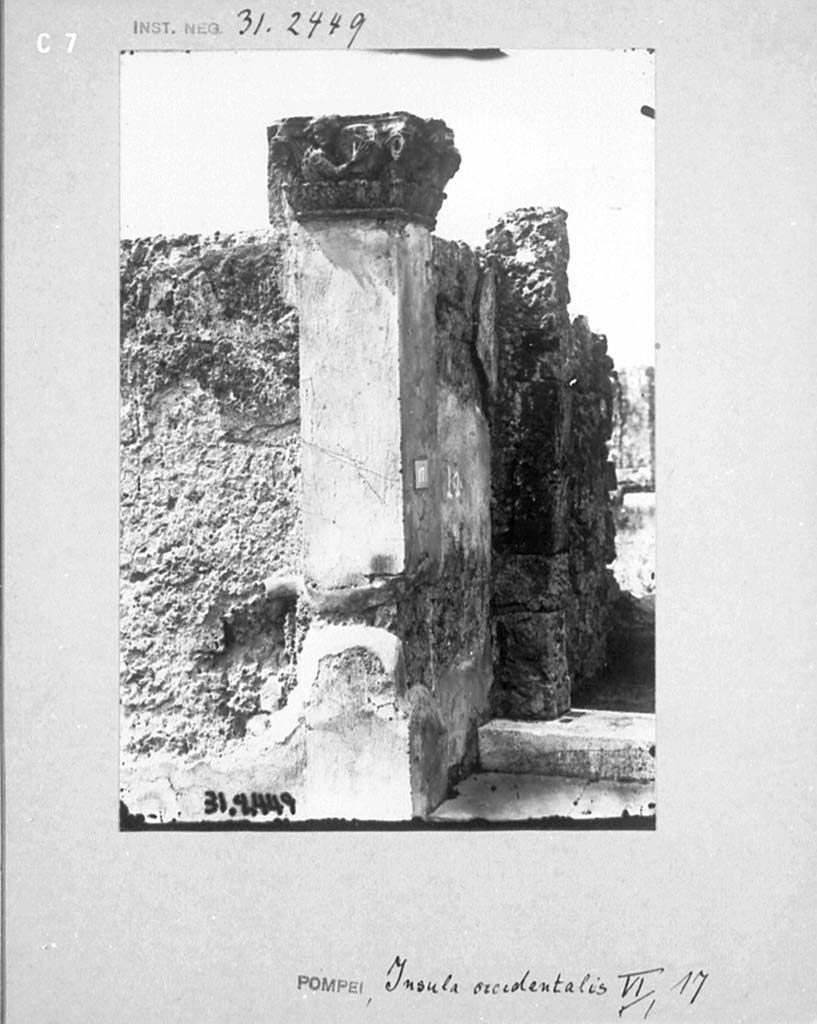 VI.17.17 Pompeii. Pre-1937-39. Entrance doorway with capital on south side. 
Wrongly described on photograph as Ins. Occ. 13.
Photo courtesy of American Academy in Rome, Photographic Archive. Warsher collection no. 1516.

