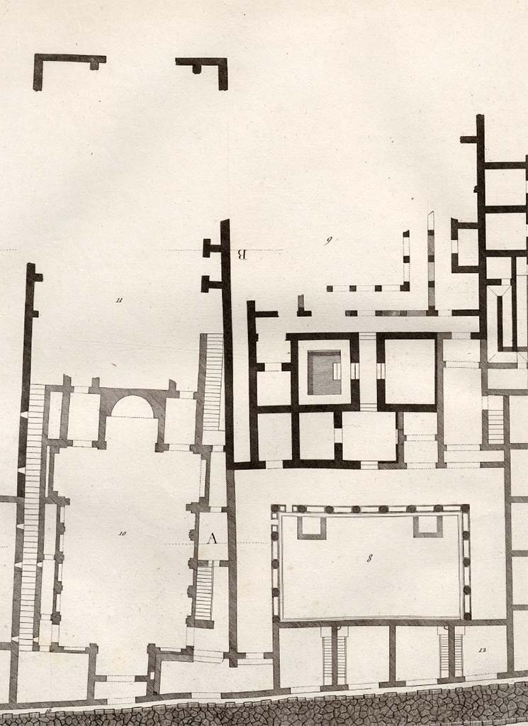 VI.17.26, on lower left, 25 entrance doorway, 24 with step to peristyle at 23.
Next to the entrance to the peristyle are numbers 22 shop, 21 shop, 20 shop, and 19 shop, on lower right Pompeii. c.1805.
Detail from plan, drawn by Piranesi, entitled –
“General plan of the continuation of the road, and the buildings adjacent (opposite) to the House of the Surgeon.” 
(Note: this house is usually described as being opposite the House of Acteon).
See Piranesi, F, 1804. Antiquités de la Grande Grèce : Tome II. Paris : Piranesi and Le Blanc, (Vol. II, Pl. XLIV).
