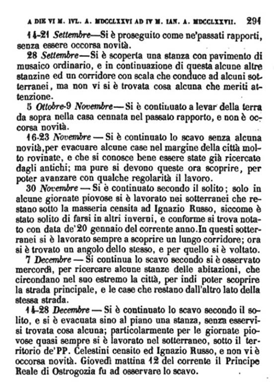 Copy of Pompeianarum Antiquitatum Historia 1, I, Page 291, September to December 1776. 