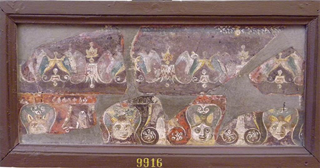 VI.17.9-10 Pompeii. Pastiche of fragments of wall painting found 14th August 1778, “from the underground area”.
Now in Naples Archaeological Museum. Inventory number 9916.
