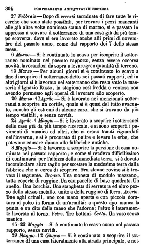 Copy of Pompeianarum Antiquitatum Historia 1, I, Page 304, February to June 1779.