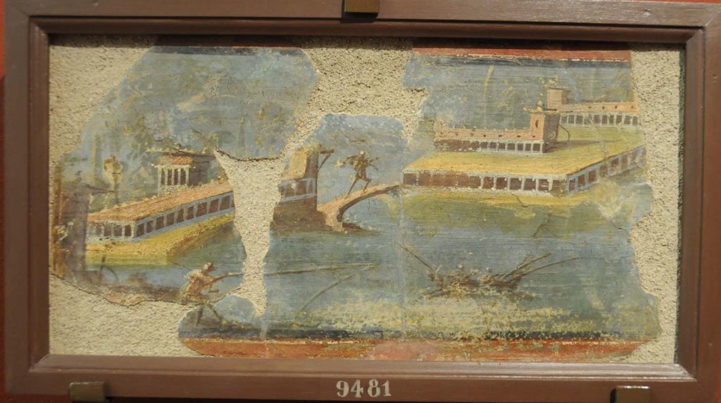 VI.17.19-26 Pompeii. Found in the week to 17th May 1783 in a room of a lower apartment. Mosaic of skeleton holding a jug in each hand.
Now in Naples Archaeological Museum.  Inventory number 9978.
The parts of the walls that remained were painted black. In the middle was a red panel in which were painted some figures. 
The room had a window with a threshold of ordinary white mosaic and here rested clearly a skeleton that held in each hand a jug made with black mosaic. 
The floor of this room was of ordinary white mosaic with some black bands around it and many items of bronze, terracotta, glass, bone were found here.
See Pagano, M. and Prisciandaro, R., 2006. Studio sulle provenienze degli oggetti rinvenuti negli scavi borbonici del regno di Napoli.  Naples: Nicola Longobardi, p. 80.
